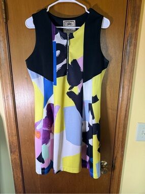 Sleeveless Abstract Floral Mini Dress in Yellow, Blue & Purple - Vintage